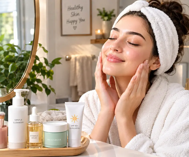 Woman applying moisturizer during a skincare routine with cleanser, vitamin C serum, moisturizer, and SPF 50 sunscreen
